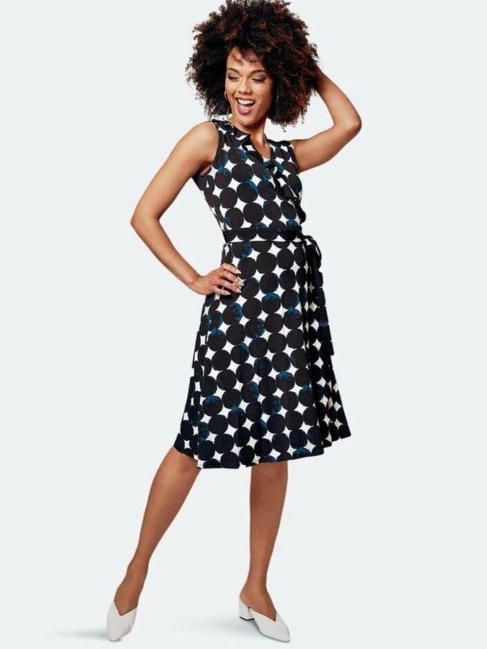Leola Sleeveless Black & White Moon Print Dot Ruffle Detailed Wrap Dress